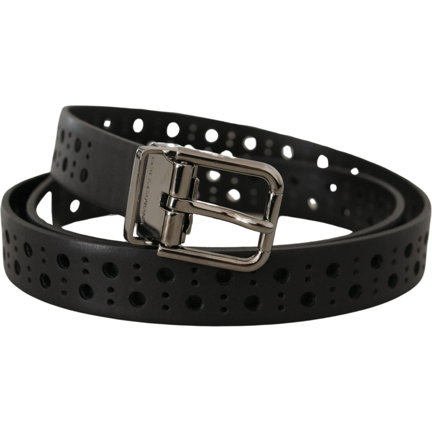 Dolce & Gabbana Black Calf Leather Perforated Metal Buckle Belt