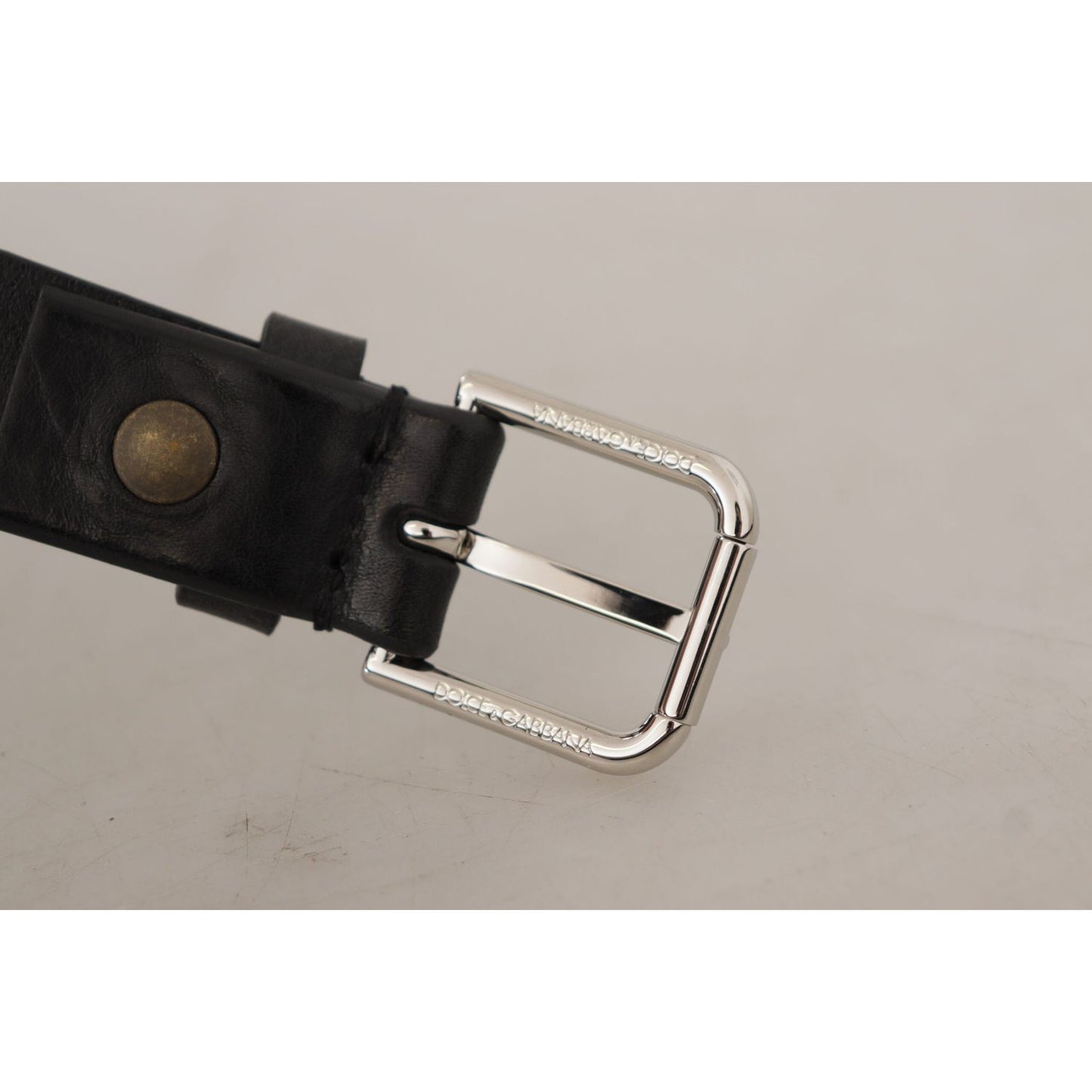 Dolce & Gabbana Black Calf Leather Silver Tone Logo Metal Buckle Belt