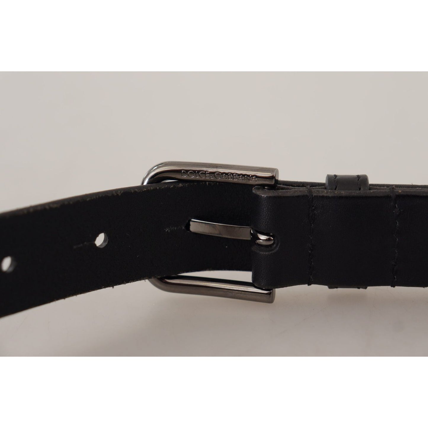 Dolce & Gabbana Black Calf Leather Logo Engraved Metal Buckle Belt