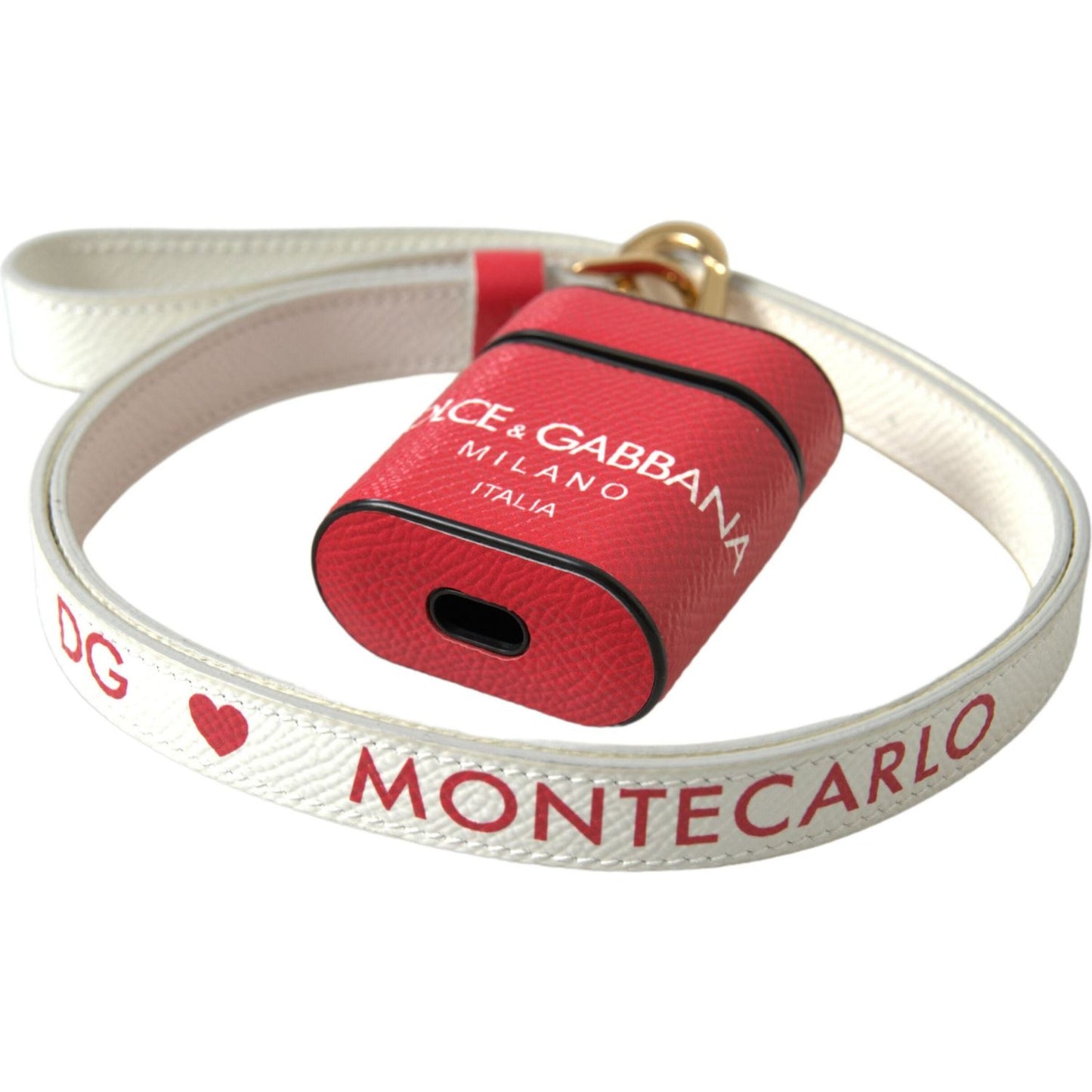Dolce & Gabbana Red Leather Gold Tone Metal Logo Print Strap Airpods Case SMY101184