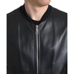 Dolce & Gabbana Black Leather Full Zip Bomber Men Jacket JKT3710-46
