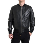 Dolce & Gabbana Black Leather Full Zip Bomber Men Jacket JKT3710-46
