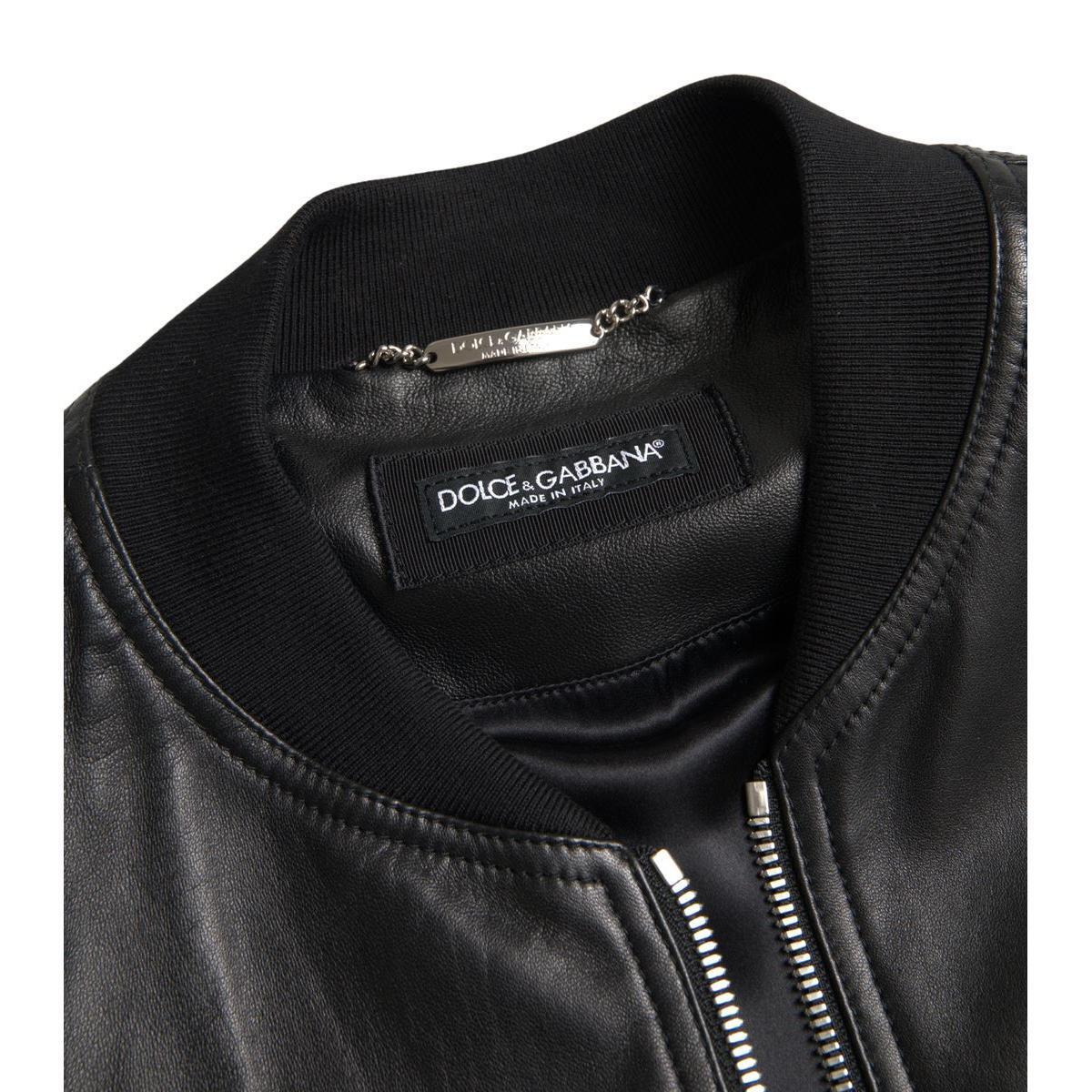 Dolce & Gabbana Black Leather Full Zip Bomber Men Jacket JKT3710-46