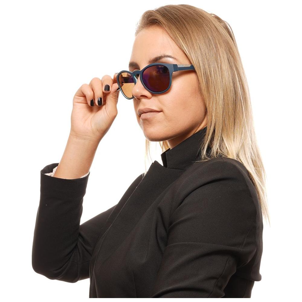 Person wearing Bolle Blue Unisex Sunglasses with round brown mirrored lenses and blue plastic frame.