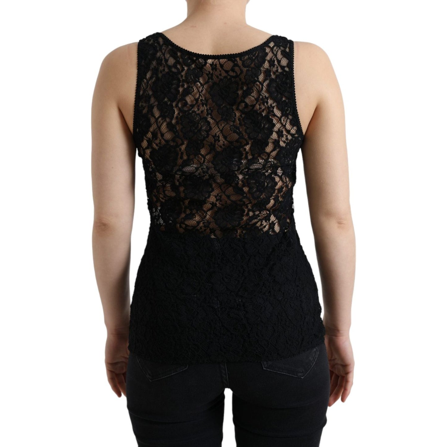 Dolce & Gabbana Black Logo Stripe Lace Sleeveless Tank Top TSH84270-40