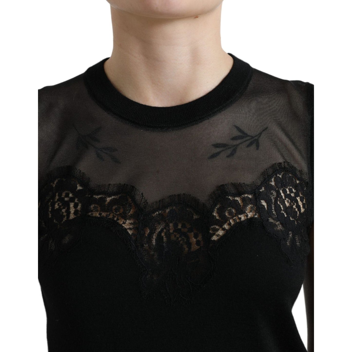 Dolce & Gabbana Black Cashmere Lace Trim Sleeveless Tank Top TSH84299-38