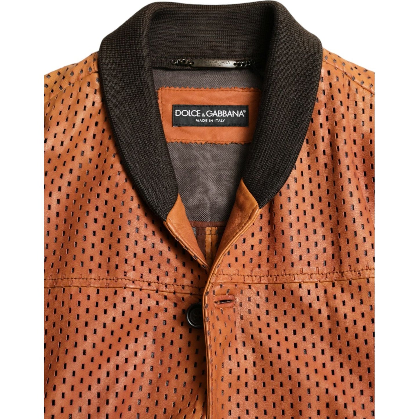Dolce & Gabbana Elegant Leather Perforated Bomber Jacket Dolce & Gabbana Sienna