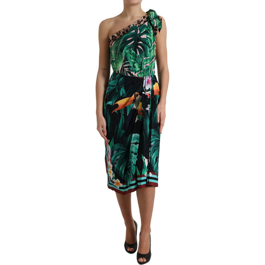 Dolce & Gabbana Green Tropical Jungle Print One Shoulder Midi Dress