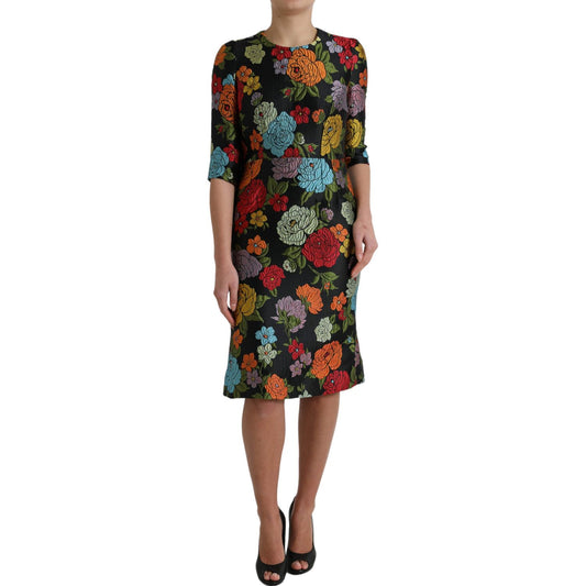 Dolce & Gabbana Black Floral Embroidery Knee Length Dress