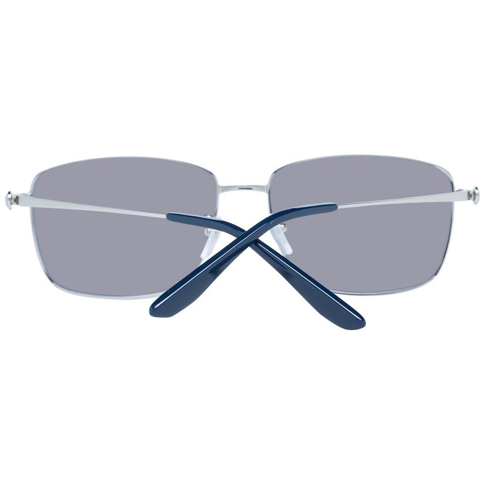 Silver rectangular sunglasses with grey lenses and navy temples, full-rim metal frame, 100% UVA & UVB protection, style suitable for men.
