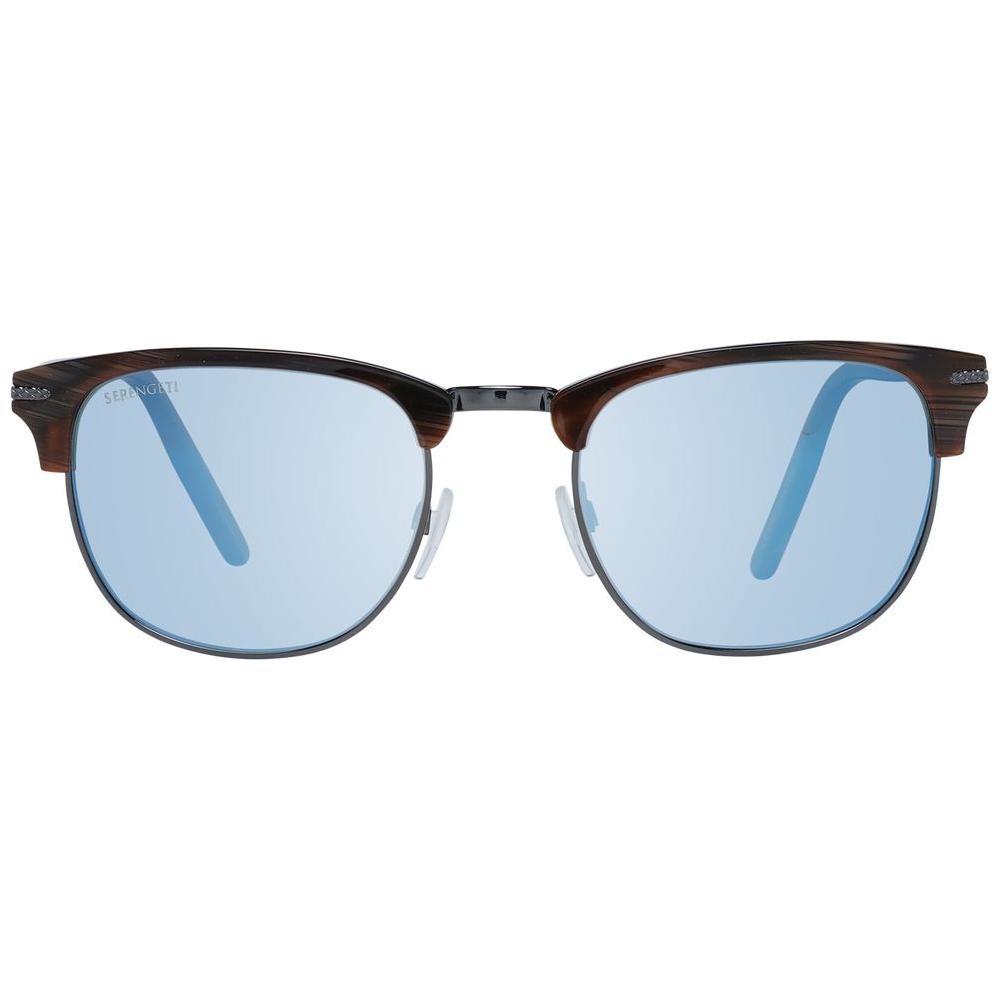 Serengeti Brown Unisex Sunglasses with brown acetate & metal frame, green polarized mirrored lenses, rectangle full-rim style.