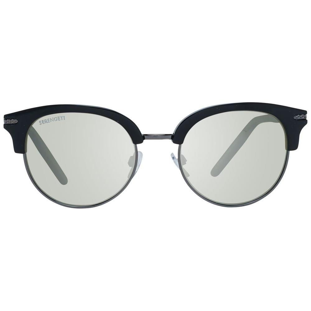 Serengeti Black Women Sunglasses with round full-rim frame, acetate and metal, green polarized lenses, 100% UVA & UVB protection.