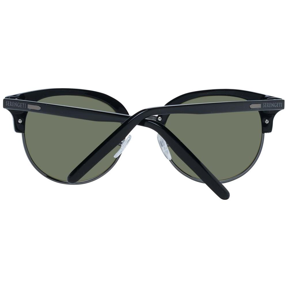 Serengeti black women's sunglasses with round full-rim black acetate frame, green polarized lenses, offering 100% UVA & UVB protection.