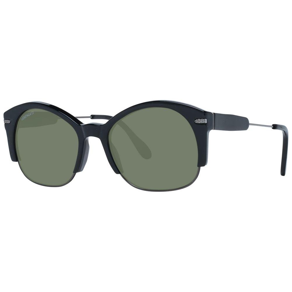 Serengeti Black Unisex Sunglasses with green polarized lenses, black acetate and metal frame, full-rim round style, UVA & UVB protection.