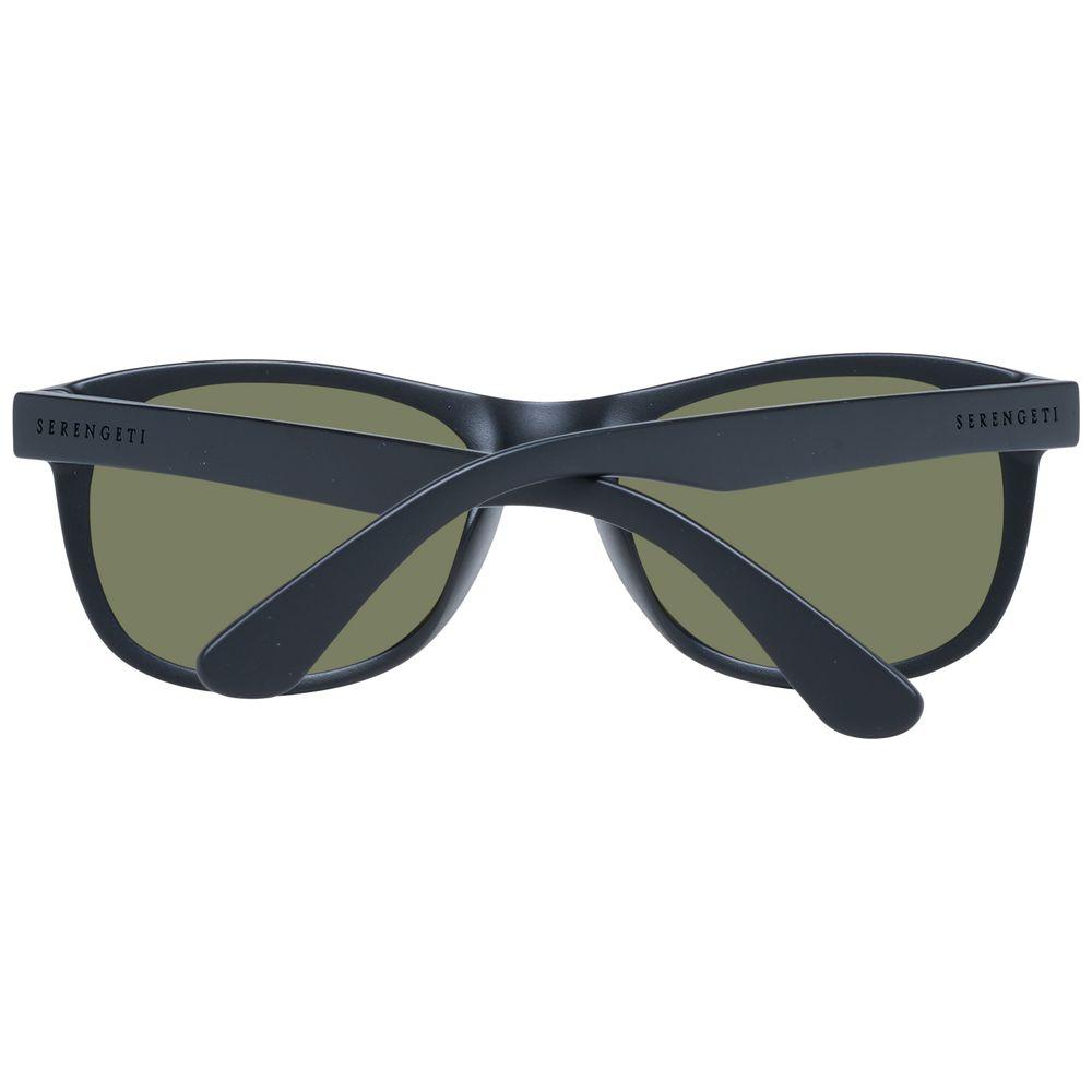 Serengeti Black Unisex Sunglasses featuring black plastic frame, green polarized lenses, rectangle full-rim style, 100% UVA & UVB protection.