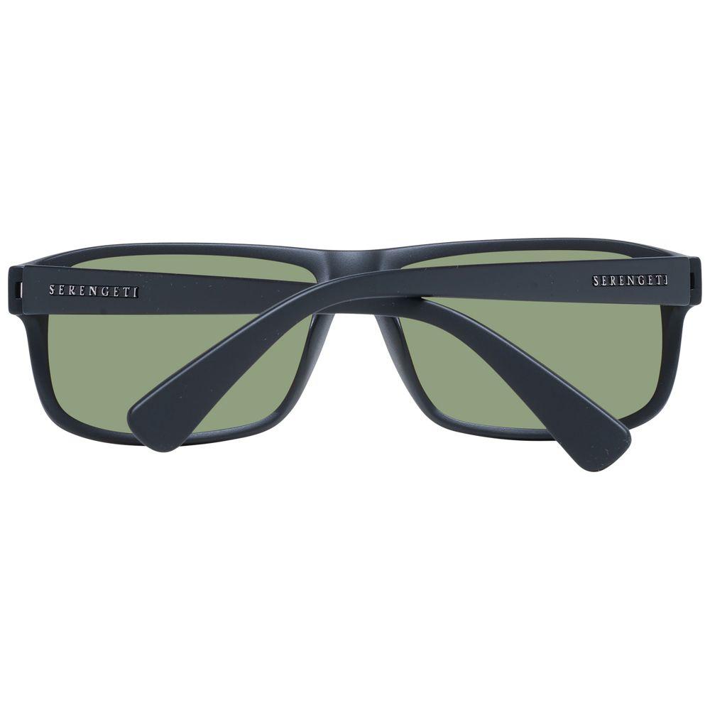 Serengeti black unisex sunglasses with green polarized lenses, plastic frame, full-rim trapezium style, includes branded case.