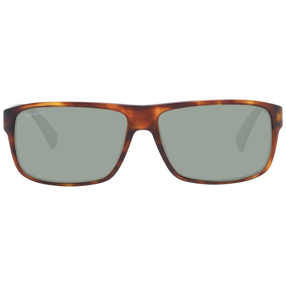 Serengeti brown unisex sunglasses with polarized green lenses, full-rim rectangle plastic frame providing 100% UV protection.