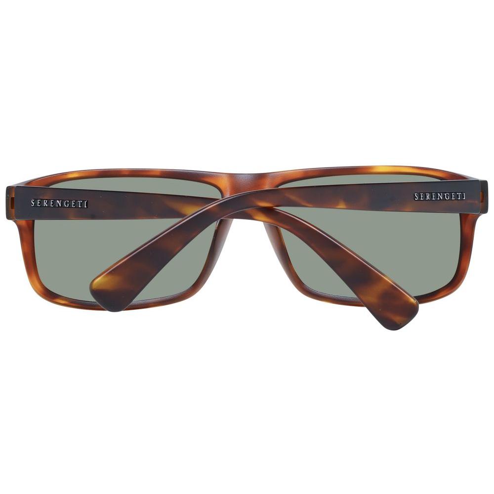 Serengeti Brown Unisex Sunglasses with polarized green lenses, rectangle full-rim style, 100% UVA & UVB protection, plastic frame and lenses.