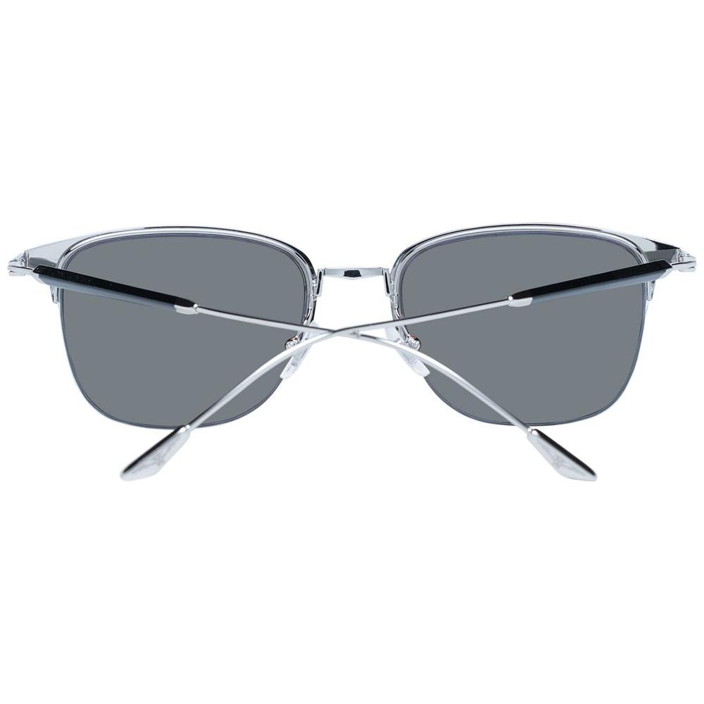 Longines men's black trapezium-shaped sunglasses with grey plastic lenses, featuring black metal and plastic half-rim frame.