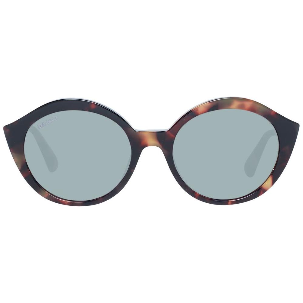Max & Co round brown sunglasses for women with plastic frame, green lenses, full-rim style. Includes branded case. 100% UVA & UVB protection.