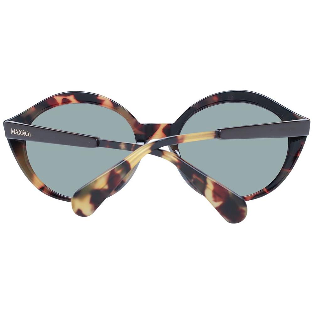 Max & Co brown women's round sunglasses with full-rim plastic frames and green lenses, includes branded case, UVA & UVB protection.