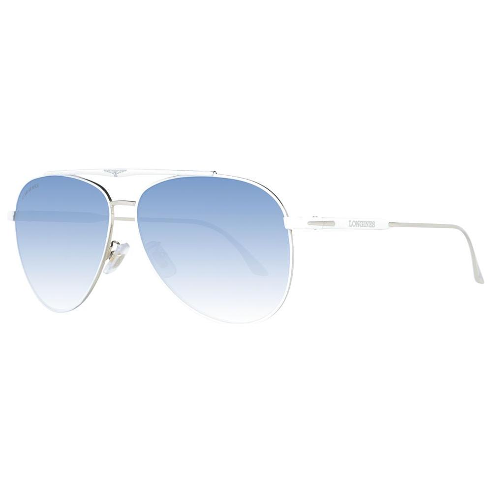 Longines white men's aviator sunglasses with blue gradient lenses, metal frame, full-rim style, offering 100% UVA & UVB protection.