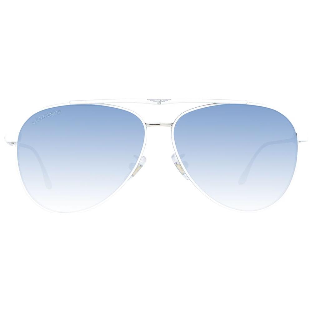 Longines men's aviator sunglasses with white metal frame and blue gradient lenses, offering 100% UVA & UVB protection.