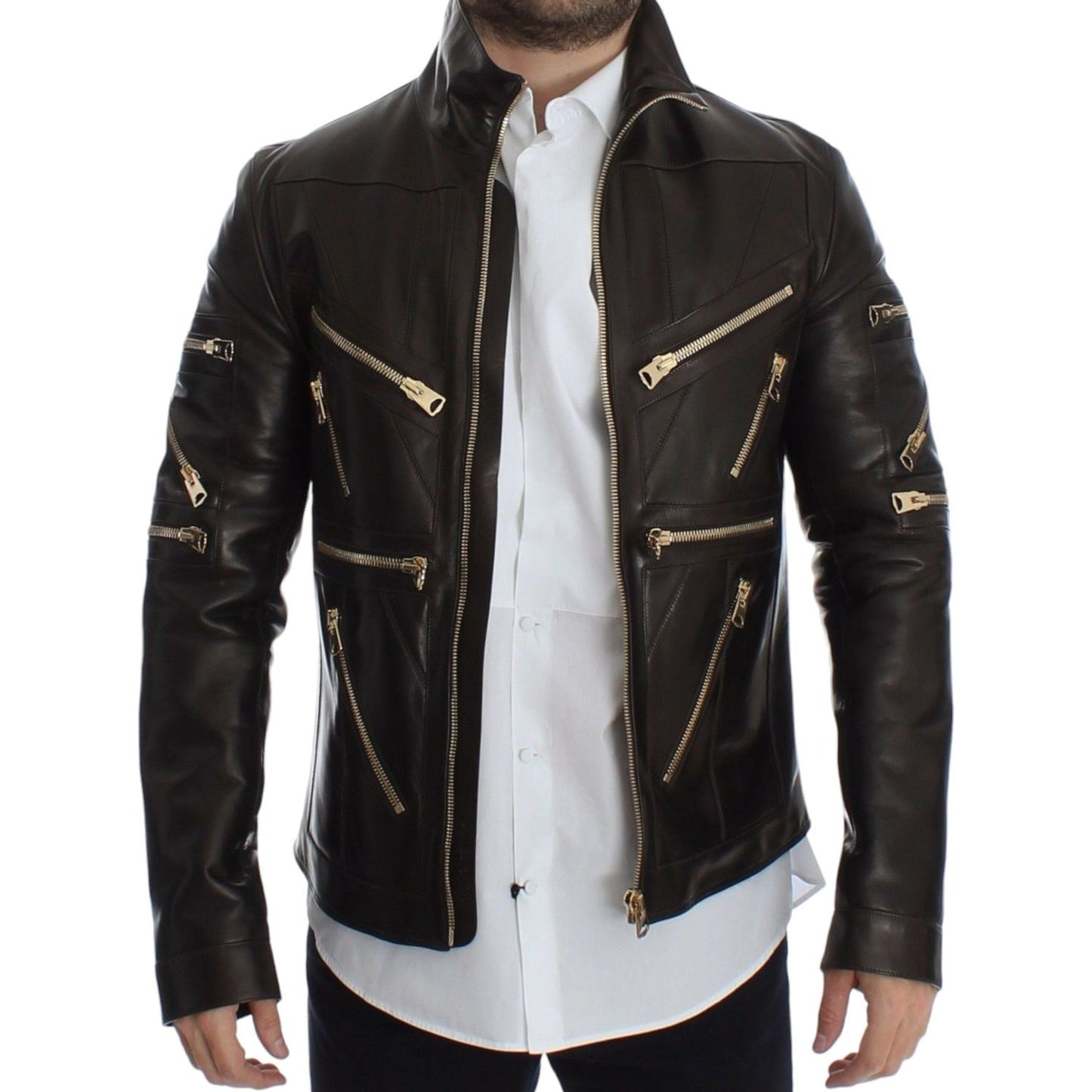 Dolce & Gabbana Elegant Brown Gold-Detailed Leather Jacket Dolce & Gabbana Gray