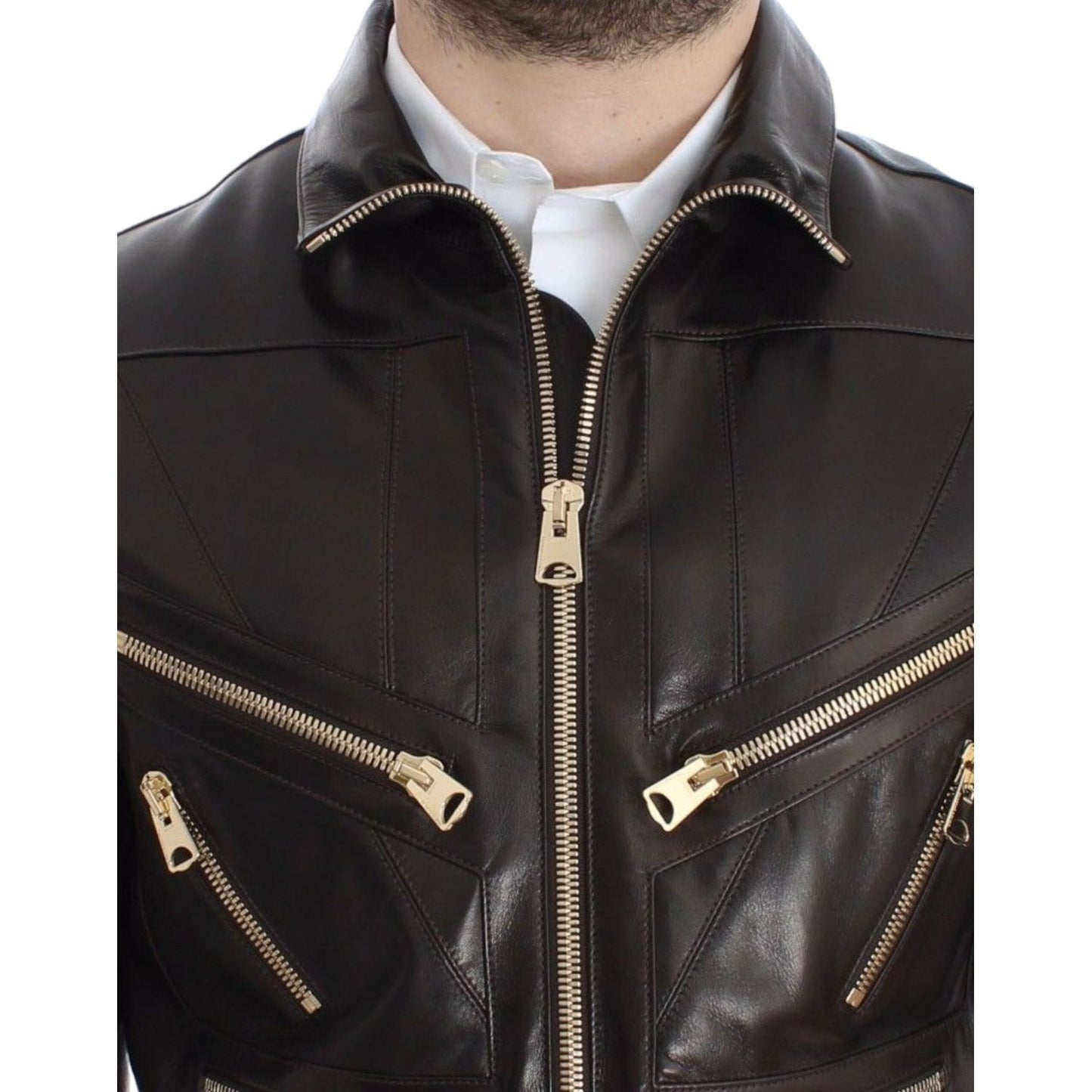 Dolce & Gabbana Elegant Brown Gold-Detailed Leather Jacket Dolce & Gabbana Dark Slate Gray