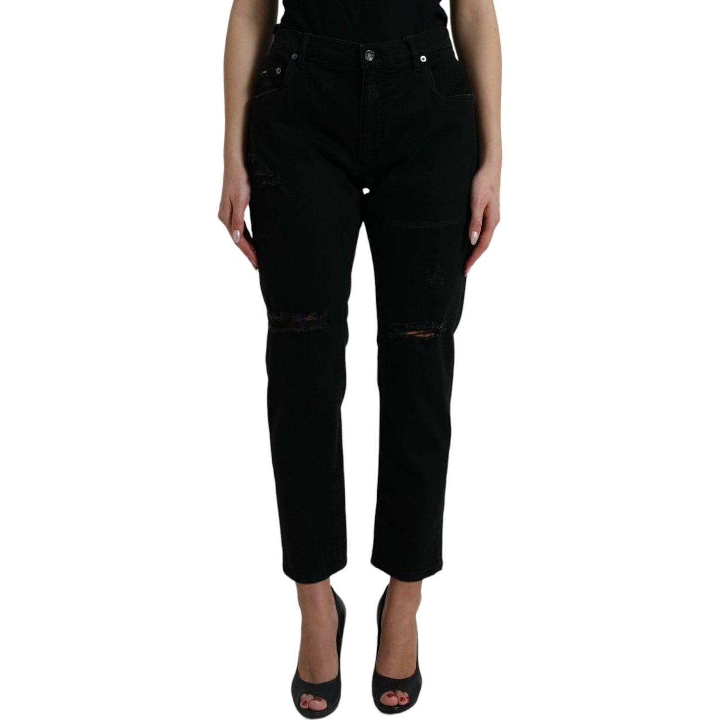 Dolce & Gabbana Black Cotton High Waist Tattered Denim Jeans PAN75000-40
