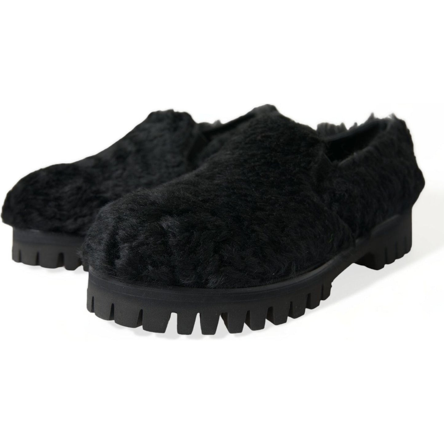 Dolce & Gabbana Elegant Black Fur Slip On Loafers for Men Dolce & Gabbana Black