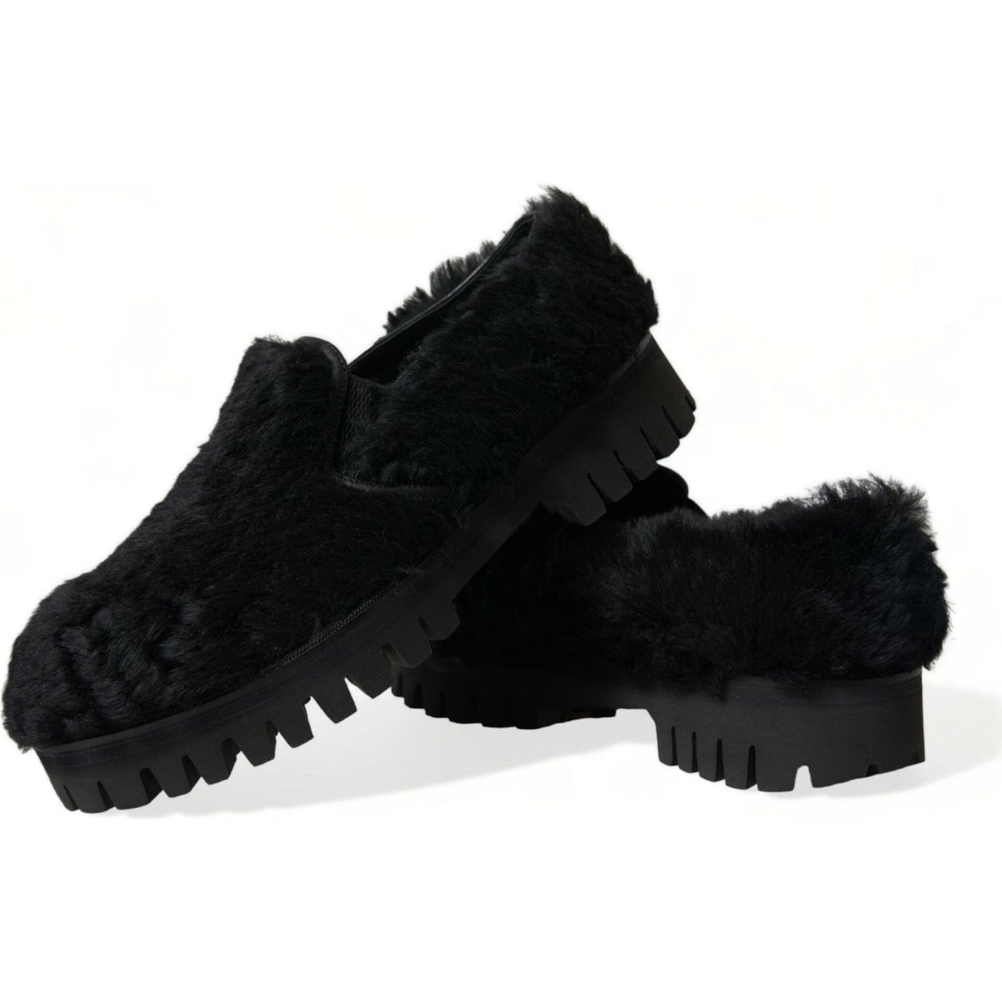 Dolce & Gabbana Elegant Black Fur Slip On Loafers for Men Dolce & Gabbana Black