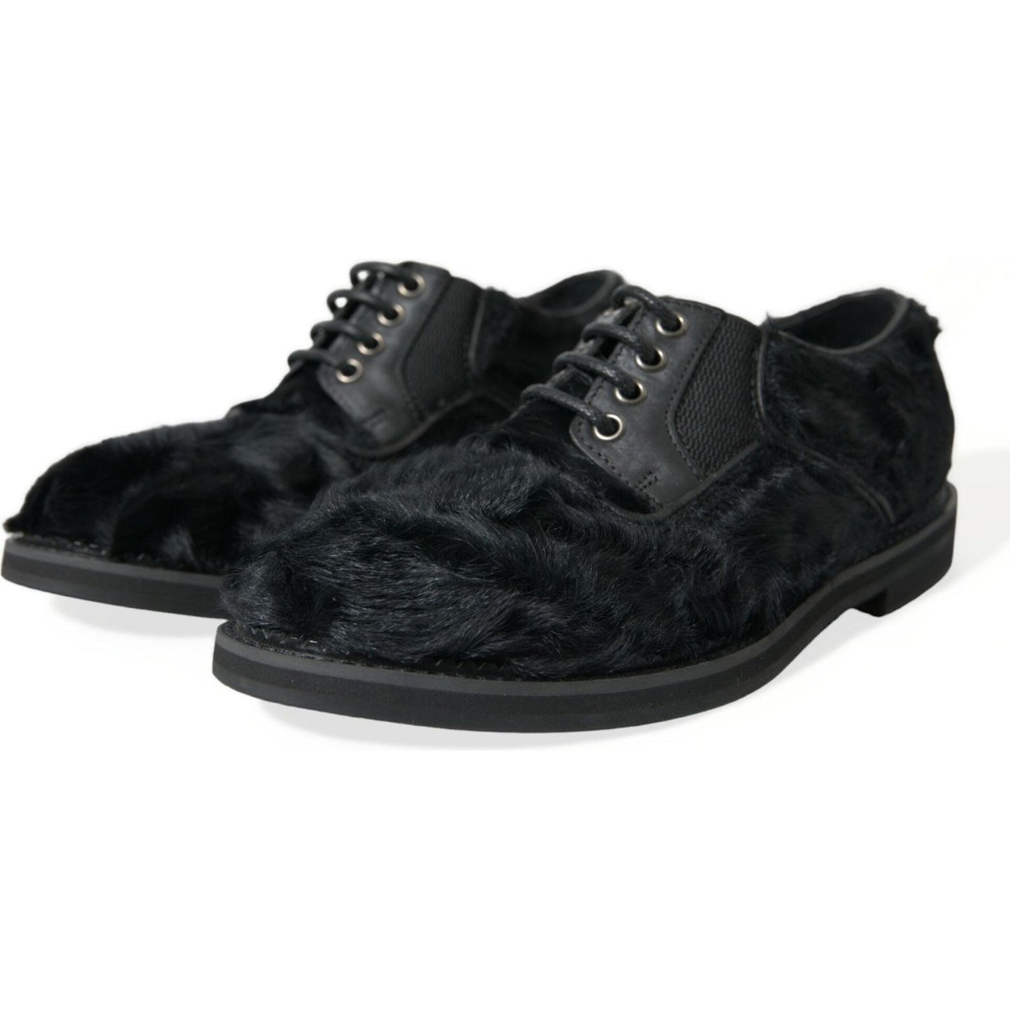 Dolce & Gabbana Elegant Black Fur Derby Dress Shoes for Men Dolce & Gabbana Black
