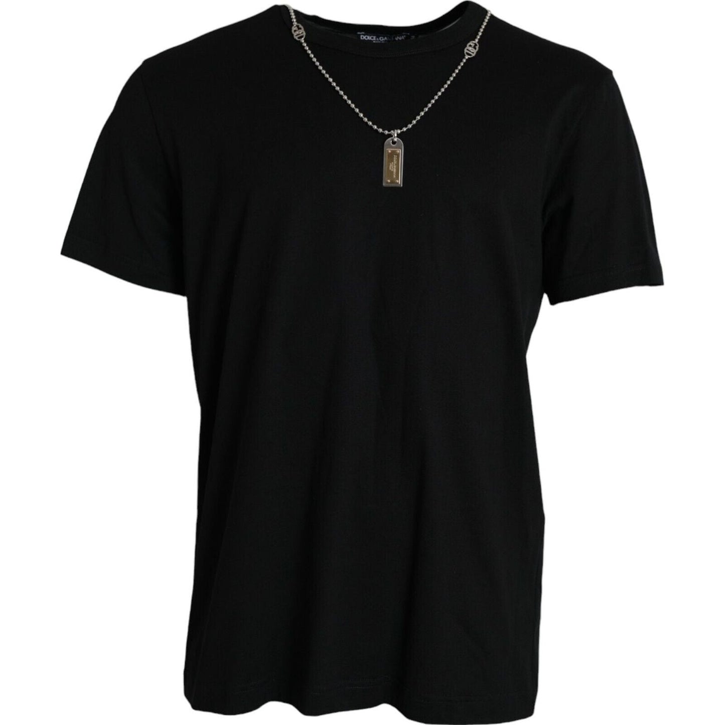 Dolce & Gabbana Elegant Black Cotton Crewneck Tee with Dog Tag Detail Dolce & Gabbana Black
