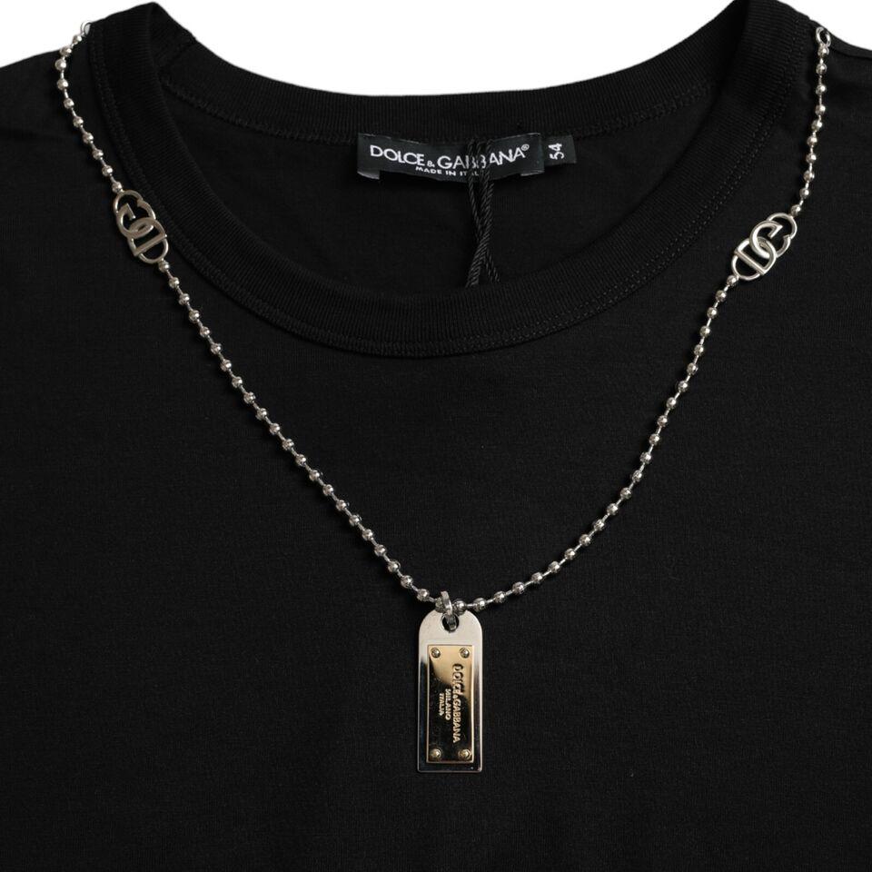 Dolce & Gabbana Elegant Black Cotton Crewneck Tee with Dog Tag Detail Dolce & Gabbana Black