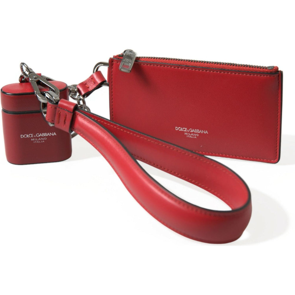 Dolce & Gabbana Red Leather Silver Metal Logo Strap Pouch Airpods Case SMY101285
