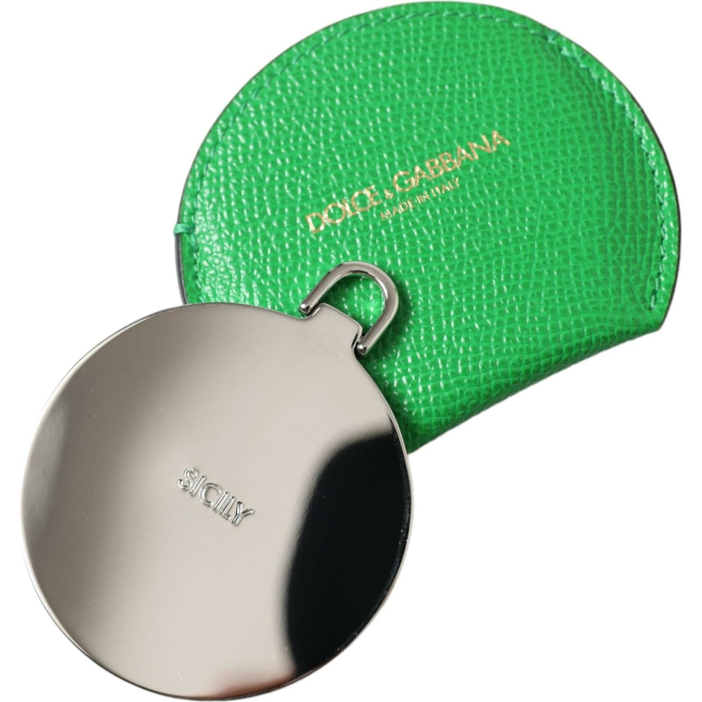 Dolce & Gabbana Green Calfskin Leather Round Logo Hand Mirror Holder SMY101353