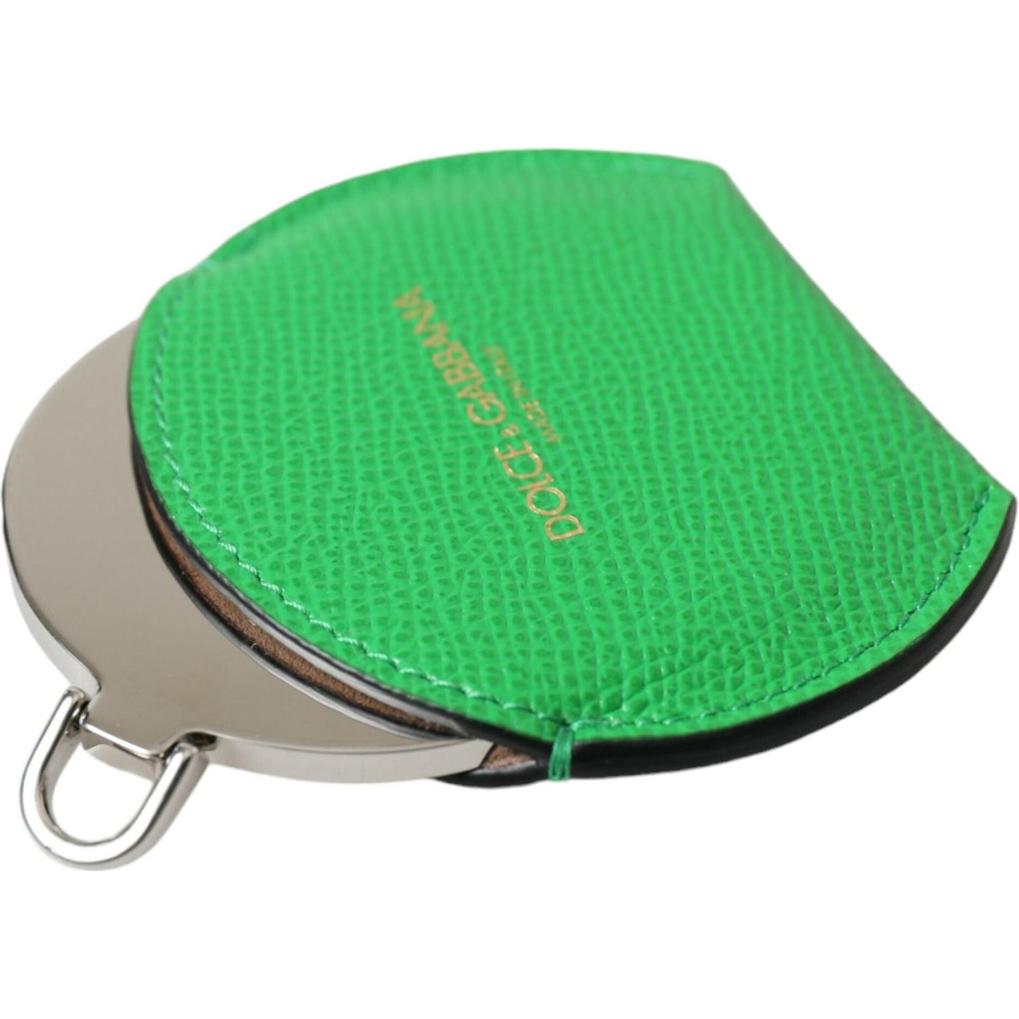 Dolce & Gabbana Green Calfskin Leather Round Logo Hand Mirror Holder SMY101353