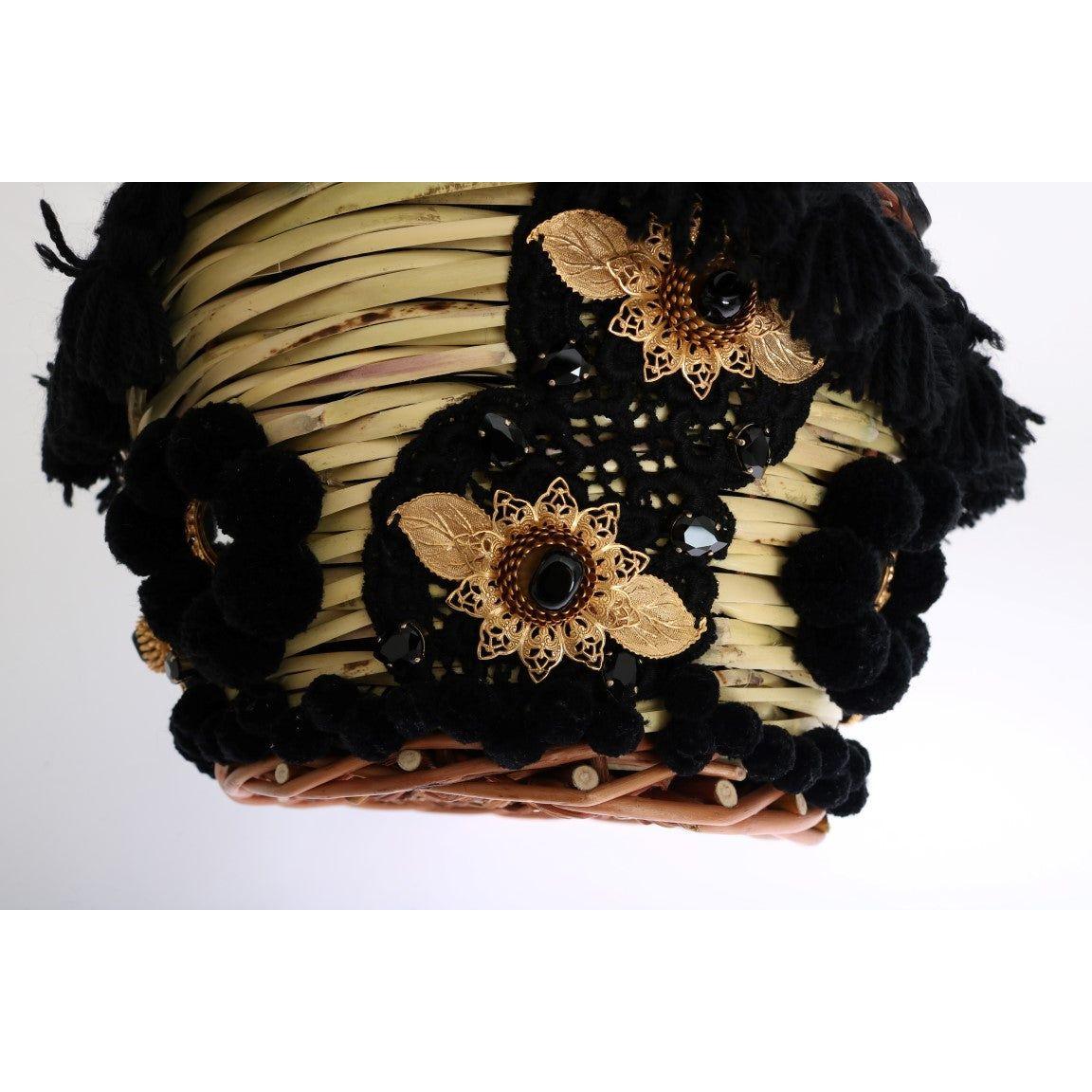 Dolce & Gabbana Chic Beige & Black Straw Snakeskin Bucket Bag Dolce & Gabbana Black