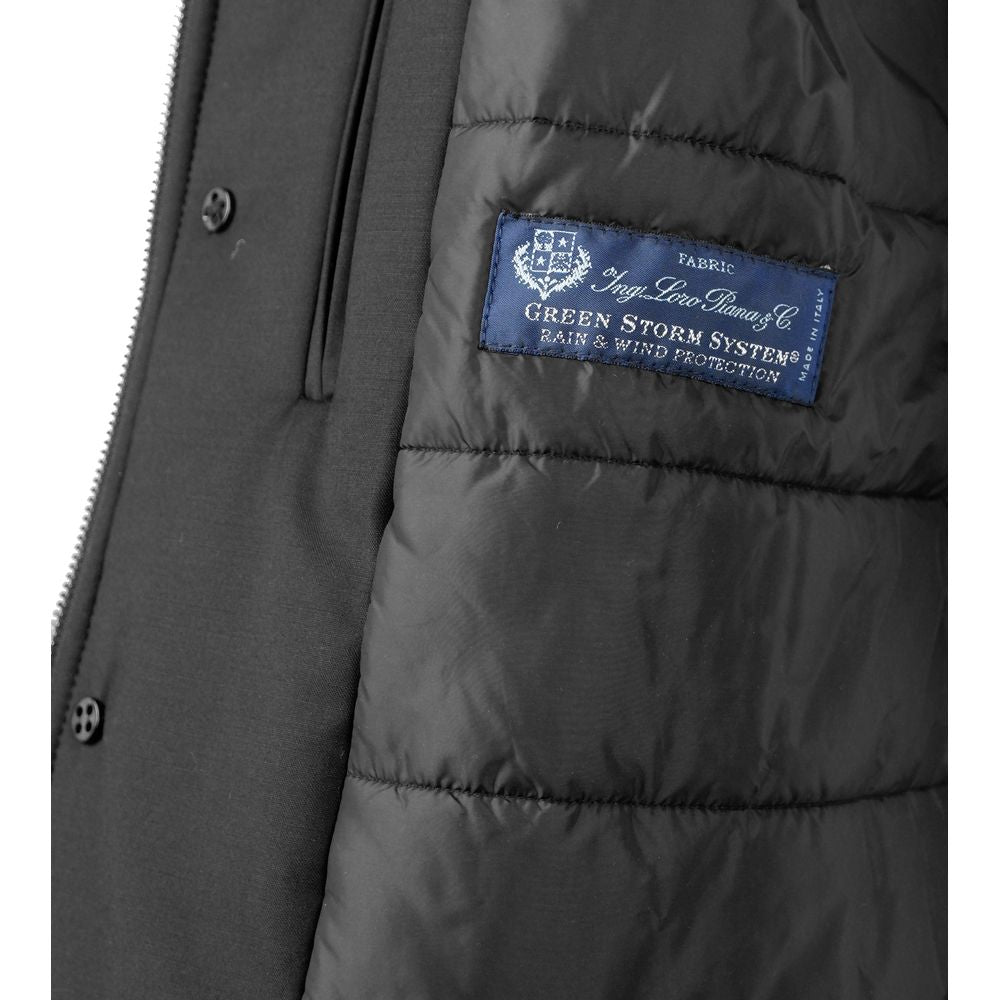 Made in Italy Black Wool Men Jacket featuring Loro Piana fabric with Green Storm System for rain and wind protection.