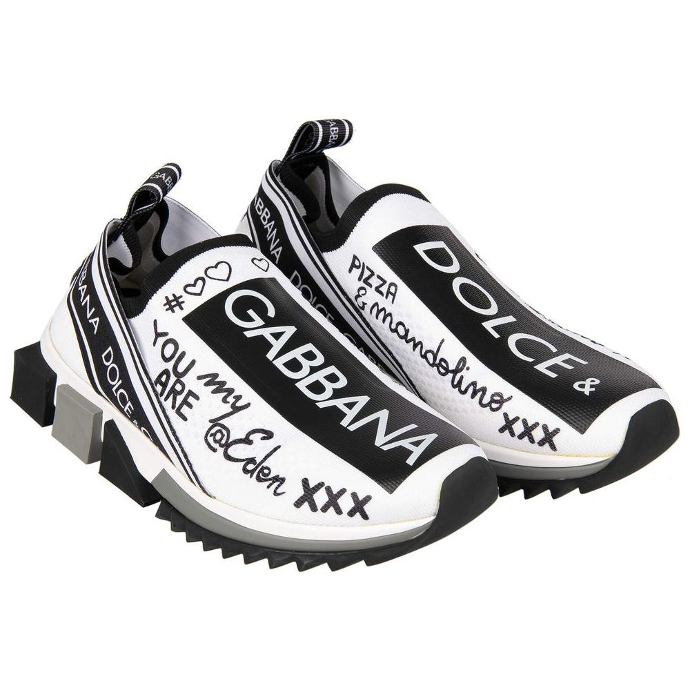 Dolce & Gabbana monochrome printed stretch sneakers with script detail, square-cut rubber sole, luxury Italian design.