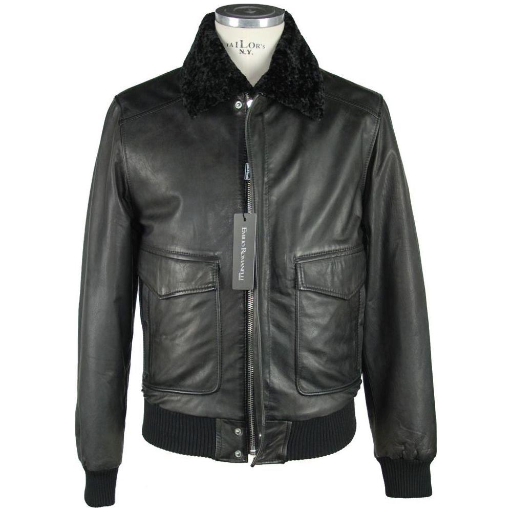 Emilio Romanelli Sleek Black Leather Zip Jacket Emilio Romanelli Dark Slate Gray