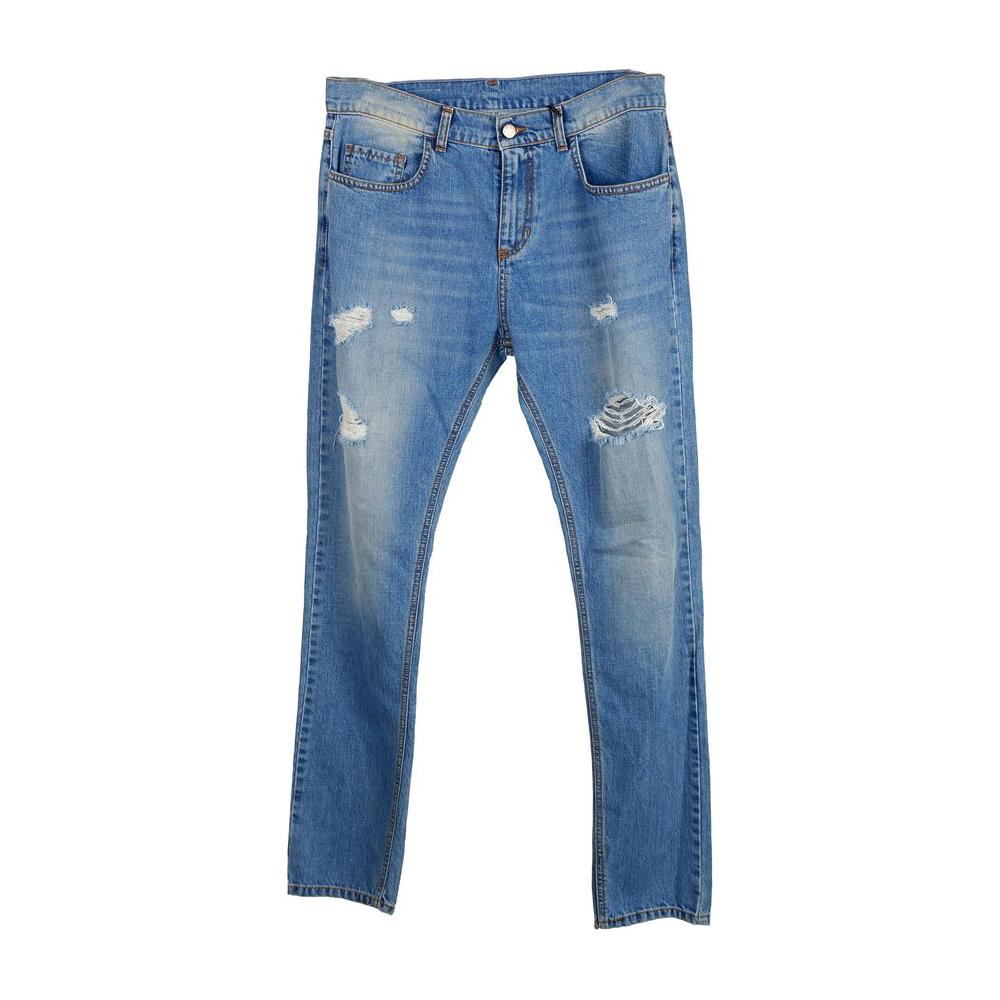 Comme Des Fuckdown blue men's jeans with front rips and back stitch print, crafted in Italy from premium cotton for bold style.