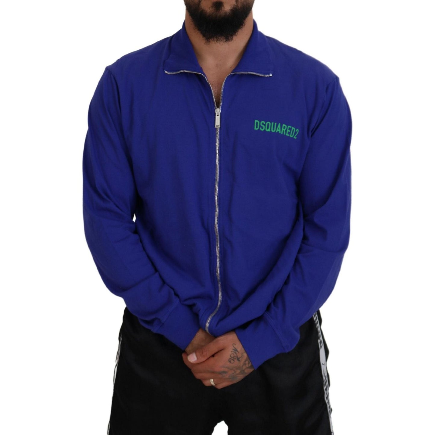 Dsquared² Blue Cotton Printed Collared Men Full Zip Sweater Dsquared² Midnight Blue