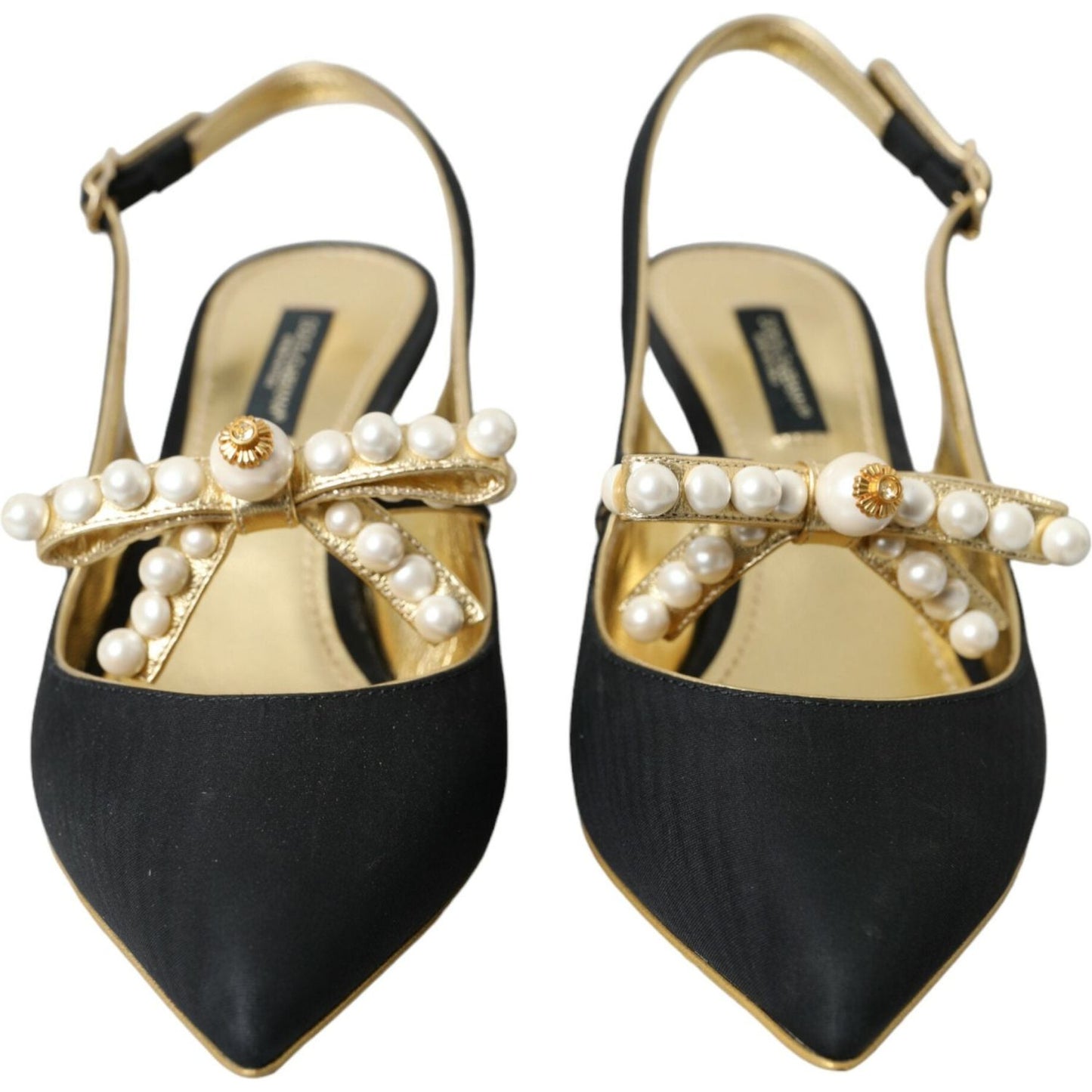 Dolce & Gabbana black leather slingback shoes with faux pearl embellishments and gold accents, buckle closure, luxurious design, made in Italy.