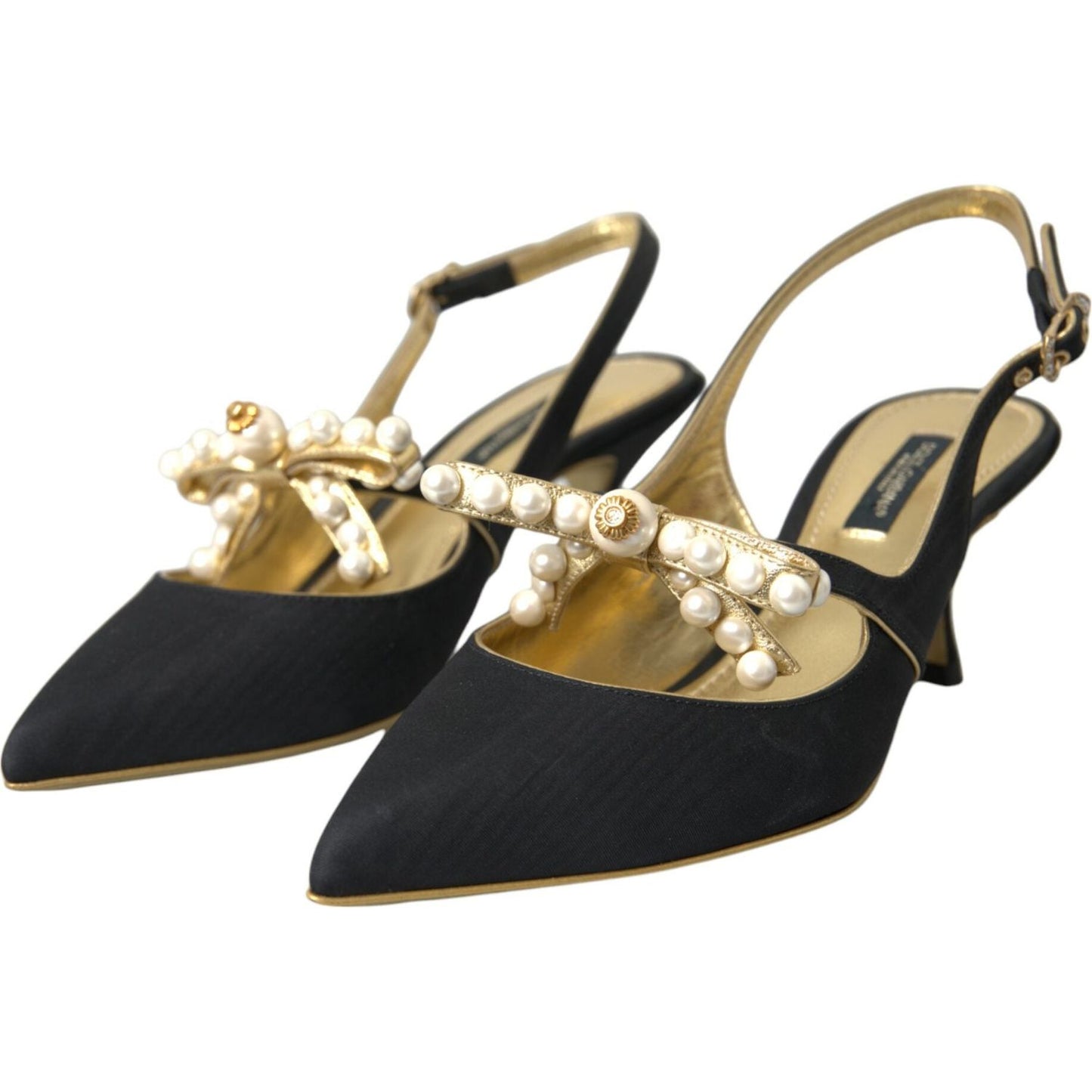 Dolce & Gabbana black leather slingback heels with faux pearl embellishments, gold interior, and buckle closure, high-quality Italian design.