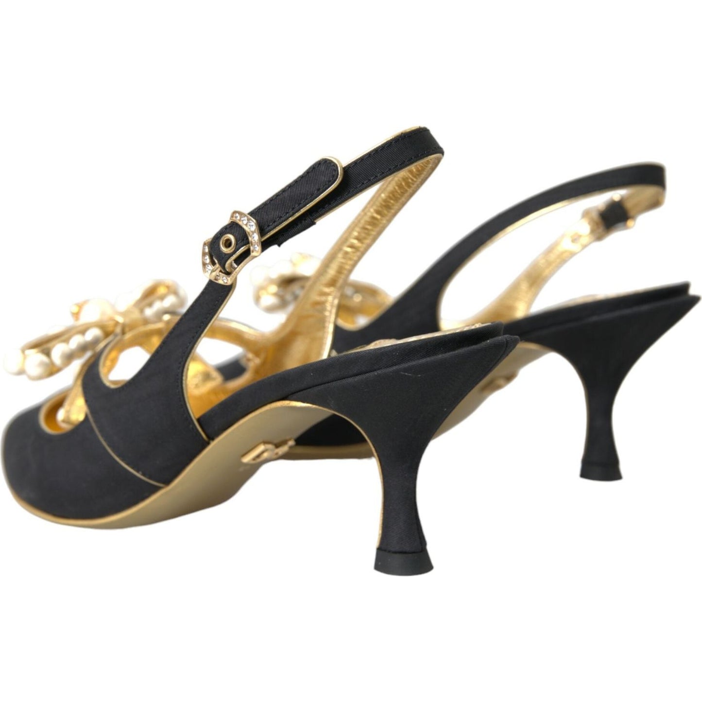 Dolce & Gabbana black leather slingback heels with faux pearls and gold accents, showing side and inside view, luxury designer shoes.