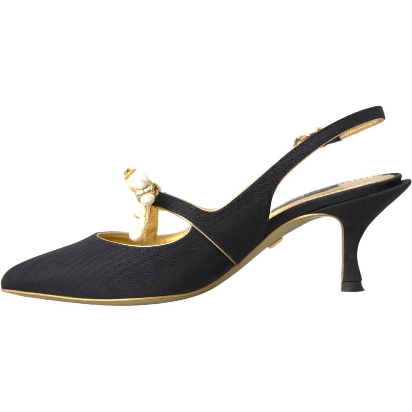 Dolce & Gabbana Black Leather Slingback Heels with Faux Pearls, Suede Material, and Gold Accents. Elegant Women's Footwear.