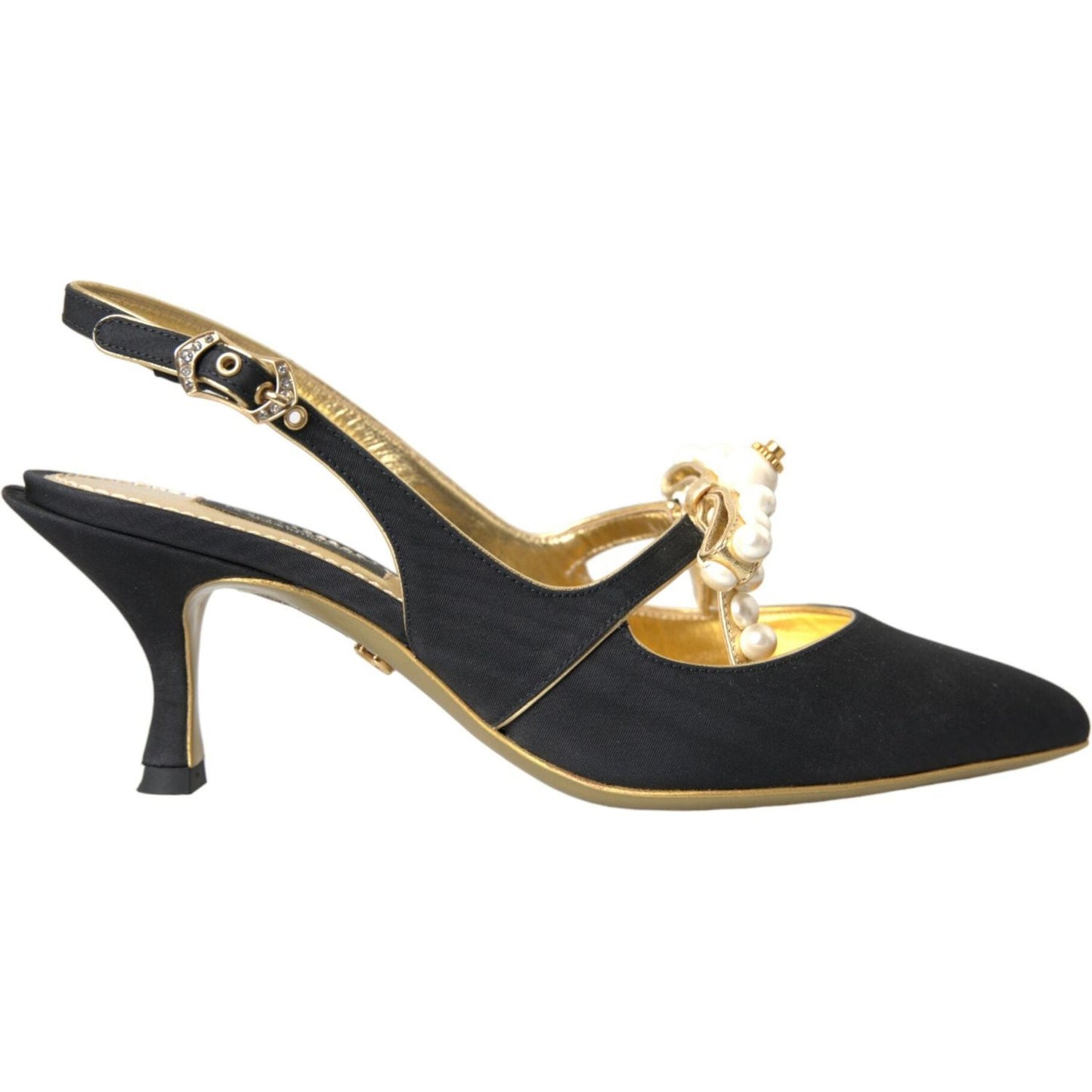 Dolce & Gabbana black slingbacks with faux pearls, gold accents, and silk-leather mix, featuring buckle closure. Made in Italy.