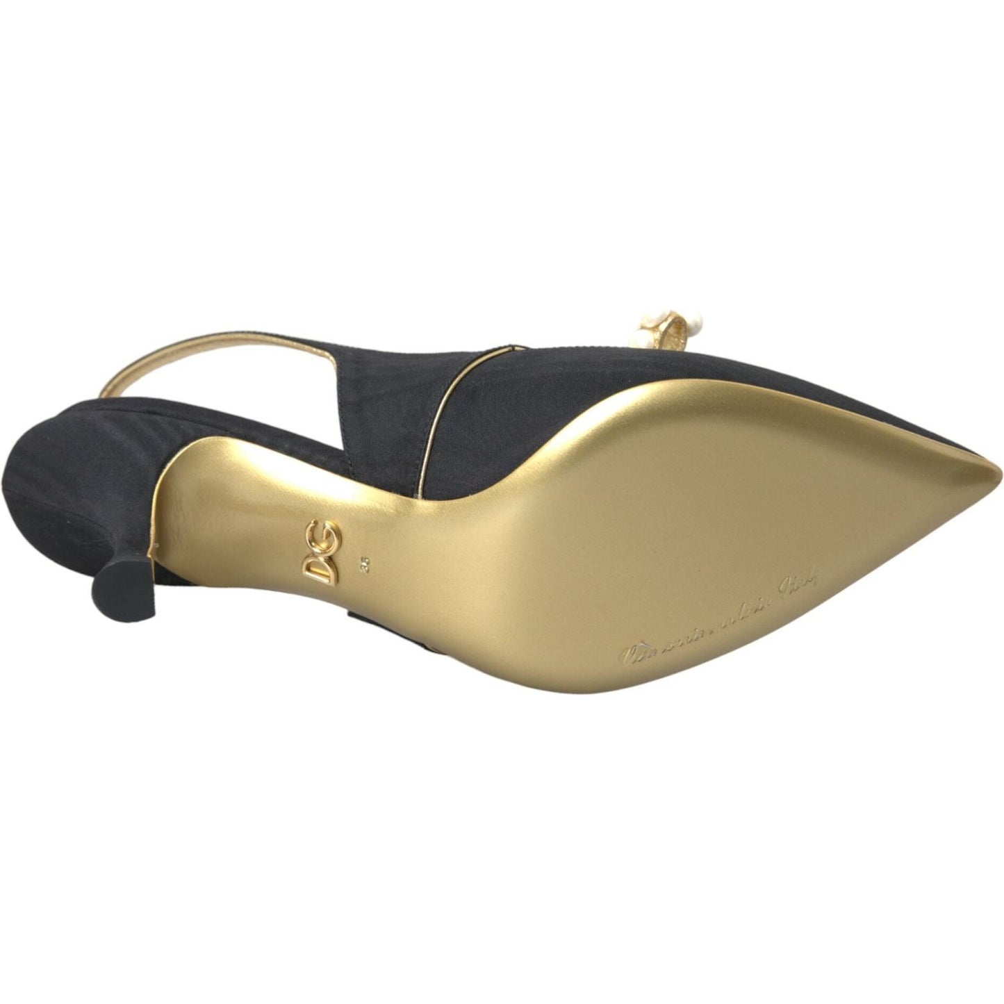 Dolce & Gabbana black slingback heel with gold sole and faux pearls, featuring logo, made in Italy, luxury suede and leather footwear.